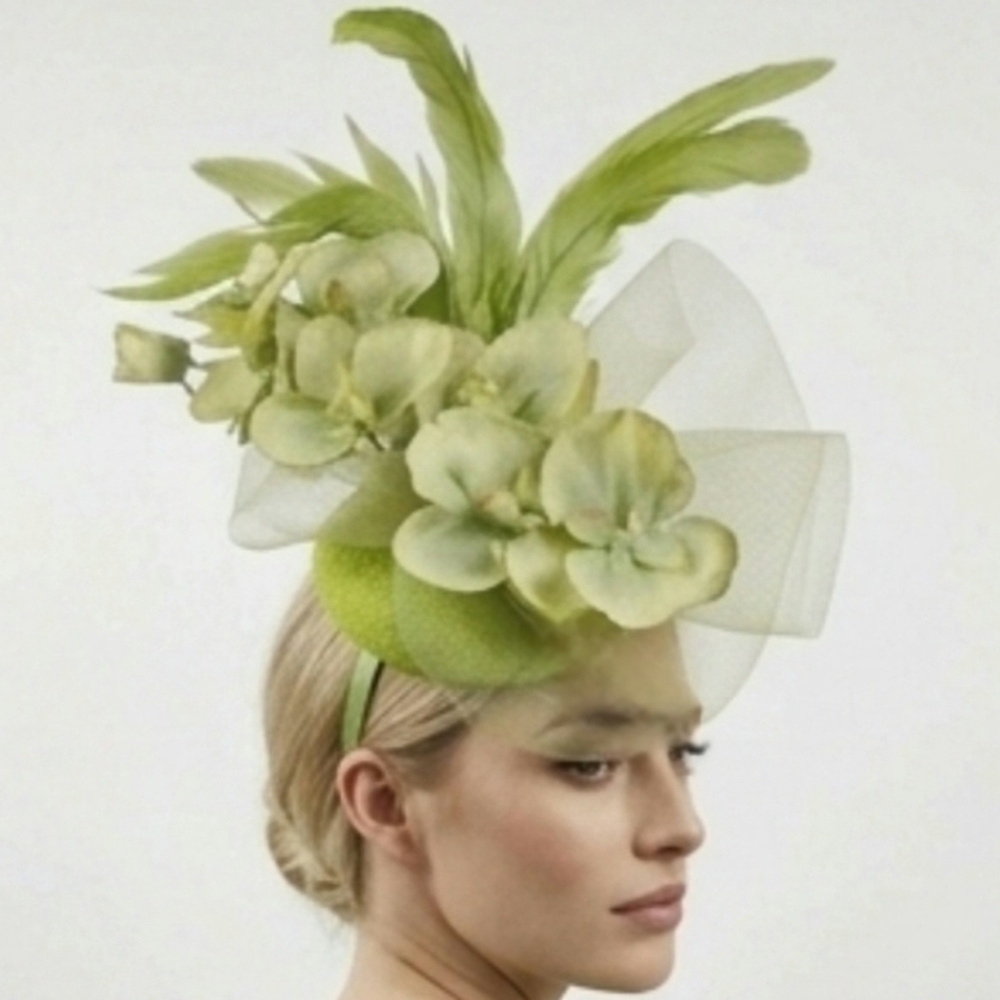 Beloved Millinery Stunning Lime Green Flower Feather Sculpted 3PC Fascinator Hat